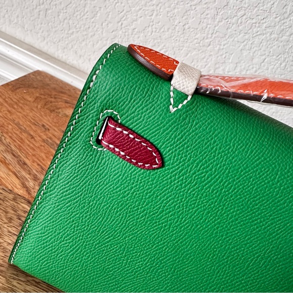 LEATHER INSIDE & OUT Black Red Green Colorblock Epsom 22 KL Pochette Bag S16 - Picture 8 of 13